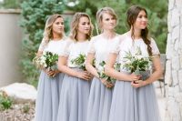 super elegant bridesmaid looks with matching lace short sleeve tops and dove grey tulle maxi skirts for a garden wedding