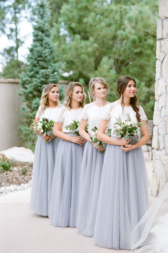 super elegant bridesmaid looks with matching lace short sleeve tops and dove grey tulle maxi skirts for a garden wedding