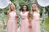 super girlish bridesmaid looks with mismatching blush lace crop tops and matching pleated maxi skirts are wow