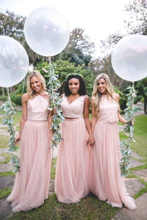 super girlish bridesmaid looks with mismatching blush lace crop tops and matching pleated maxi skirts are wow