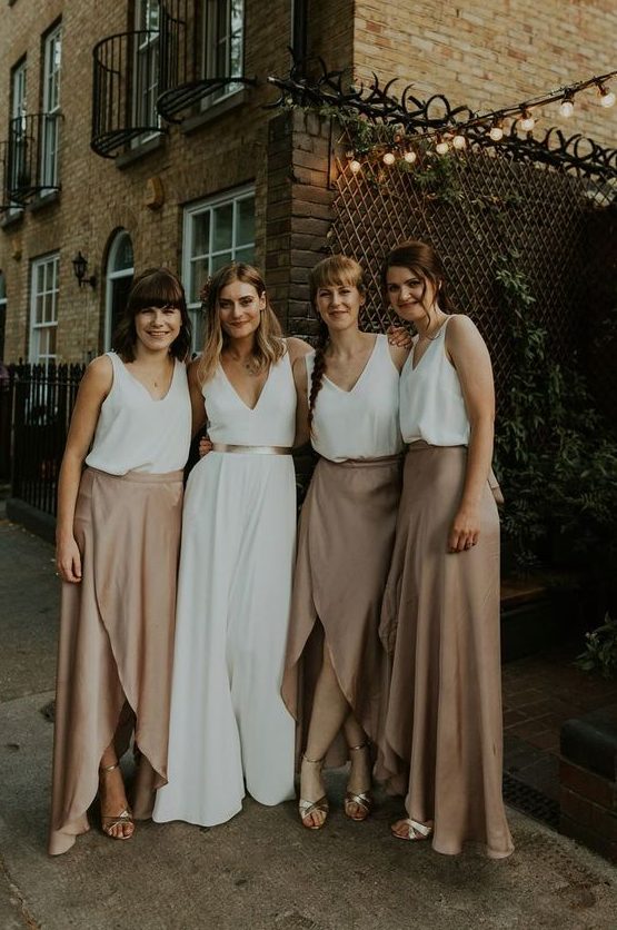 white wide strap tops and nude asymmetrical maxi skirts plus metallic shoes for a casual wedding in sprng or summer