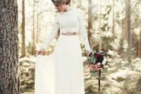 a boho bridal separate with a plain skirt and a lace crop top with long sleeves plus a high neckline