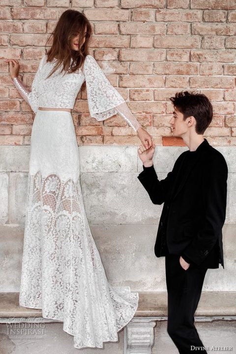 a boho long bell sleeve bridal separate with a long skirt, a crop top and a high neckline