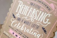 a cardboard rehearsal dinner invitation with pink, black and white, with crazy printing and patterns for a rustic reahearsal