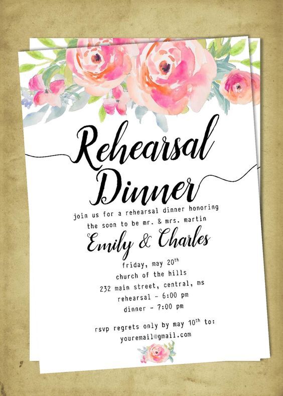a colorful watercolor floral rehearsal dinner invitation with black calligraphy for a summer rehearsal