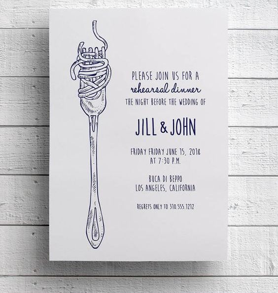 a cool and simple navy and white rehearsal dinner invitation with pasta on a fork hints on the main dish at the dinner
