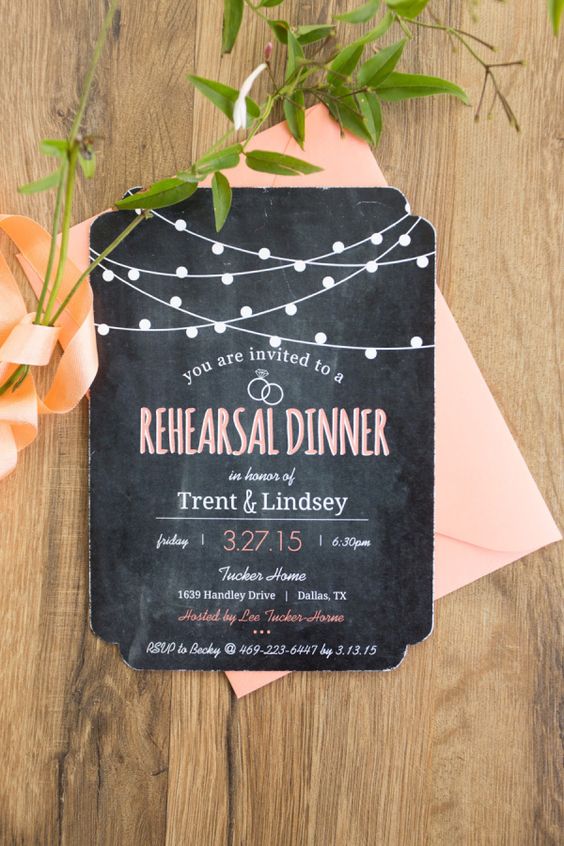 a cool chalkboard rehearsal dinner invitation with white and pink printing and a blush envelope is a cool summer idea