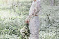 a gorgeous lace bridal separate with a crop top with long sleeves and a high neckline plus a pencil skirt and white shoes