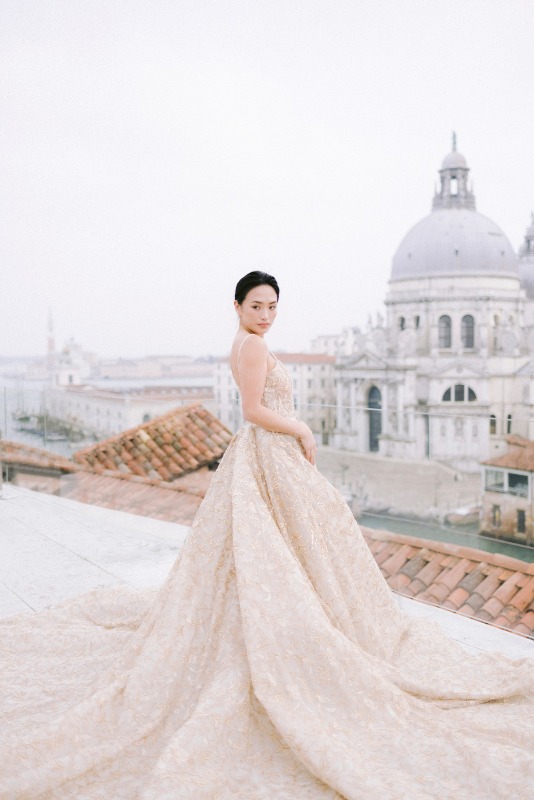 a jaw-dropping modern wedding ballgown with gold floral embroidery and beading plus spaghetti straps for a Venice wedding
