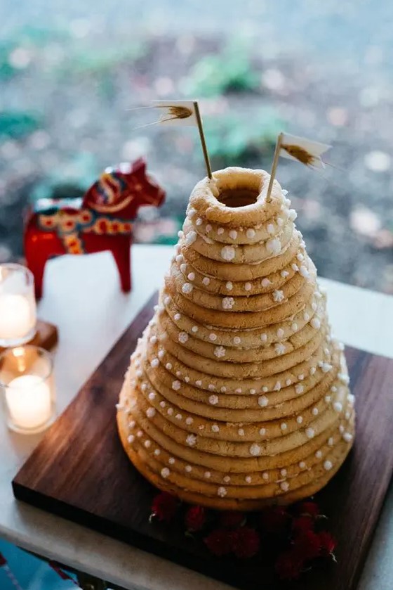 a kransenkake is a traditional Norwegian or Icelandic wedding cake made of tiered rings of marzipan