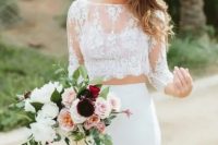 a lace crop top with long sleeves and a plain pencil skirt to create a chic and romantic look