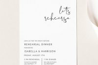 a minimalist rehearsal dinner invitation with a bit of calligraphy is a cool and elegant idea to rock