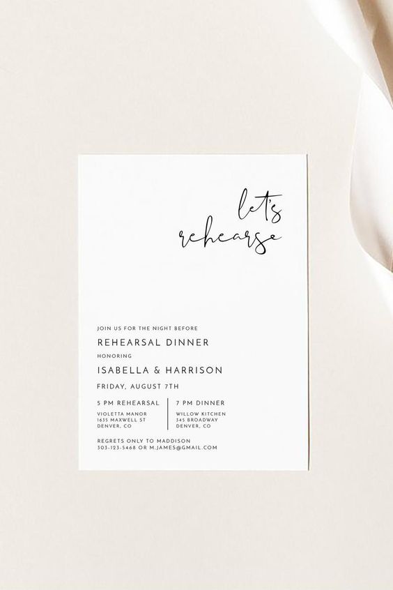 a minimalist rehearsal dinner invitation with a bit of calligraphy is a cool and elegant idea to rock