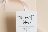 a modern and chic rehearsal dinner invitation with catchy printing and a blush envelope with a silk ribbon