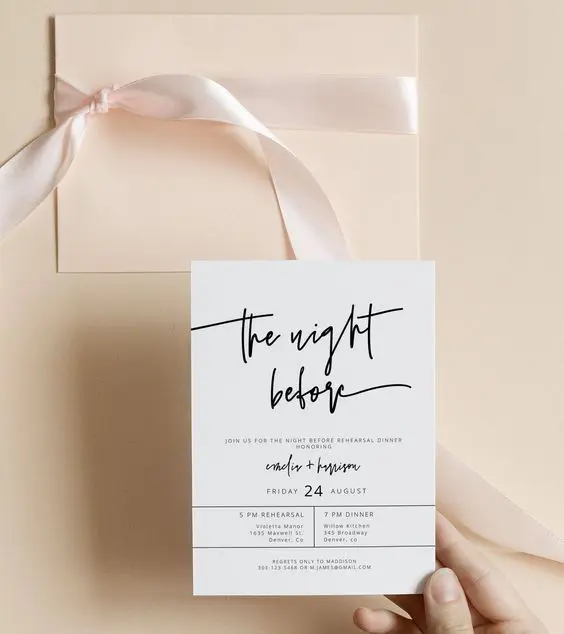 a modern and chic rehearsal dinner invitation with catchy printing and a blush envelope with a silk ribbon