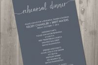a modern rehearsal dinner invitation in graphite grey and white, with a bit of calligraphy is super cool