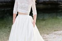 a plain full skirt with pockets and a lace crop top with half sleeves are a lovely bridal ensemble for a modern and refined wedding