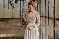 a romantic and casual bridal look with a tan sweater, a neutral pleated high low skirt and silver shoes for a wow look