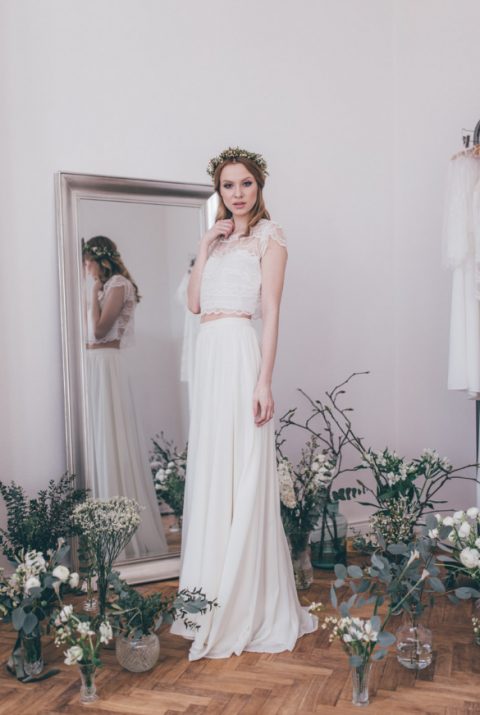 a romantic bridal separate with a lace crop top with cap sleeves and a pleated maxi skirt