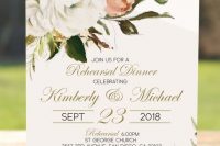 a romantic rehearsal dinner invite with floral detailing and gold calligraphy is a chic idea for a summer or spring rehearsal