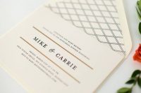 a simple and elegant neutral rehearsal dinner invitaiton with a bit of gold, printing on lining and cool lettering