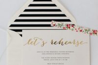 a stylish and a bit glam rehearsal dinner invitation in black and white, with an invite with gold foil calligraphy