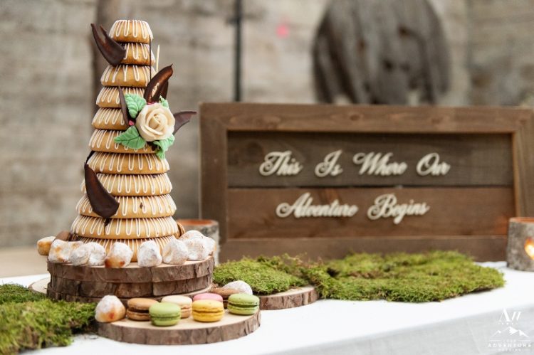 a traditional kransenkake wedding cake with a sugar rose and chocolate touches plus colorful macarons for an Icelandic wedding