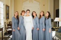 beautiful grey maxi bridesmaid dresses with long sleeves and V-necklines plus pleated skirts look chic and romantic and will perfectly fit your pastel wedding