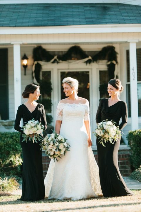black fitting maxi bridesmaid dresses with long sleeves, draped bodices and V-necklines are classics for fall or winter weddings