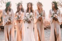 chic neutral silk maxi bridesmaid gowns with deep necklines, front slits and long sleeves paired with greenery crowns are amazing for spring or summer weddings