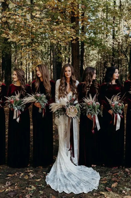 deep burgundy maxi fitting velvet bridesmaid dresses for a super bold and elegant fall boho wedding