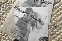elegant modern rehearsal dinner invitations with the couple’s photos and a semi sheer invite with touches of gold