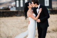 formal wedding attire for an Icelandic wedding, a sexy mermaid wedding dress with a train, a black tuxedo with a white shirt
