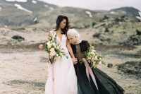 gorgeous modern wedding dresses – a white one with a plunging neckline and cutout shoulders, a black one with strategically placed detailing