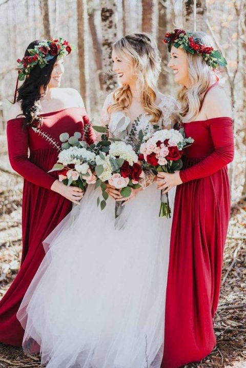 gorgeous off the shoulder burgundy maxi bridesmaid dresses and floral crowns with burgundy roses are a great idea for a fall wedding with plenty of color