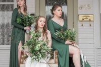 green maxi wrap bridesmaid dresses with long sleeves are amazing for a summer or early fall wedding, or a woodland one