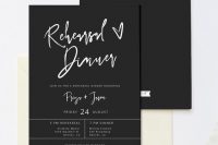 laconic and chic matte black and white rehearsal dinner invitation is a lovely and cool idea for a modern rehearsal