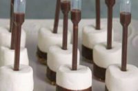 little s’more appetizers with chocolate pipettes are a creative way to serve them