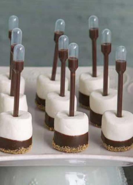 little s'more appetizers with chocolate pipettes are a creative way to serve them