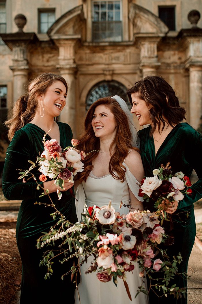lovely green semi-fitting maxi bridesmaid dresses with long sleeves and V-necklines are amazing for a fall wedding