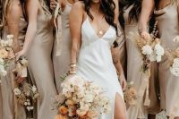 lovely grey slip midi silk bridesmaid dresses with cowl necks and black heels for a cool spring or fall wedding