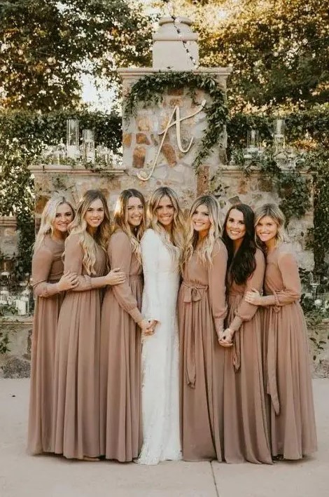 lovely tan maxi bridesmaid dresses with long sleeves and sashes are a very comfrotable in wearing idea for the fall