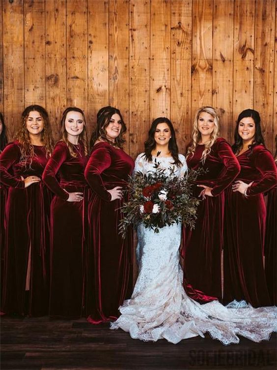 matching burgundy velvet maxi bridesmaid dresses with high necklines will add color and will be great for a fall or winter wedding