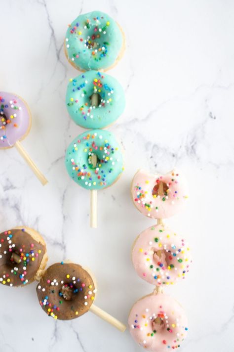 mini donut kabobs with colorful glazing and sprinkles