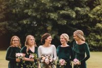 mismatching green velvet bridesmaid dresses – long and short ones, with long and short sleeves and various necklines