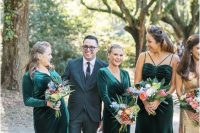 mismatching green velvet maxi bridesmaid dresses with long sleeves and without and with trains for an elegant fall or winter wedding