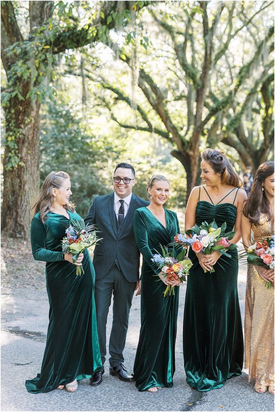 mismatching green velvet maxi bridesmaid dresses with long sleeves and without and with trains for an elegant fall or winter wedding