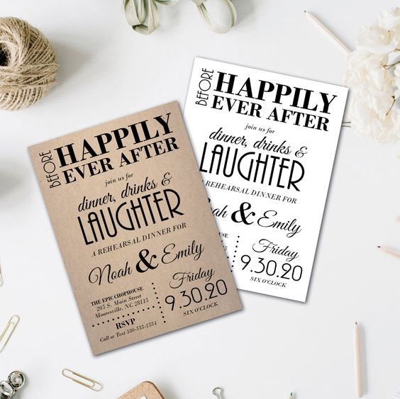 neutral and white cardboard rehearsal dinner invitations with cool letters are nice for many rehearsal themes