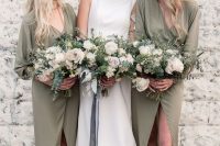 olive green chiffon wrap maxi bridesmaid dresses with long sleeves, T-strap shoes for an elegant look