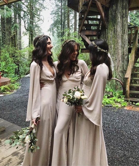 romantic neutral A-line bridesmaid maxi dresses with deep necklines and bell sleeves will be perfect for a fairy-tale wedding